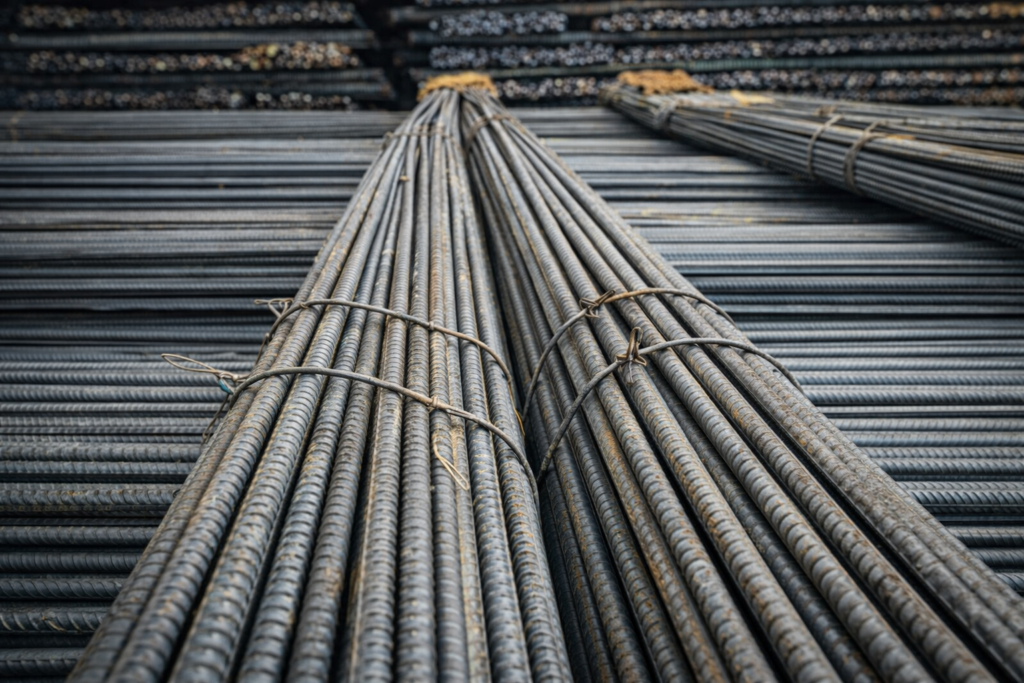 Bundled steel rebar stacked in a construction supply yard, representing Rebarco’s focus on precision rebar supply and fabrication.